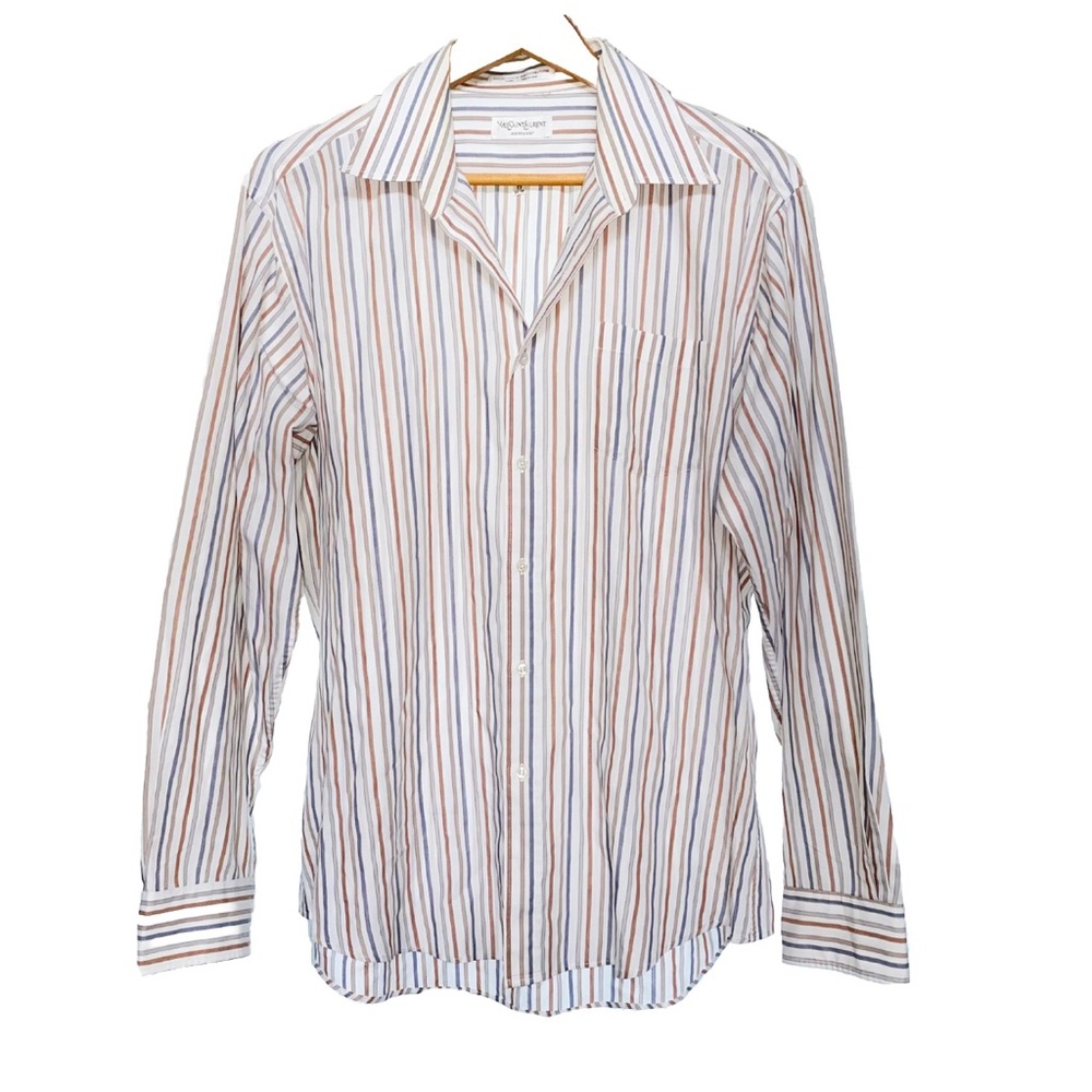 Vintage YVES SAINT LAURENT white blue brown stripe collared button up shirt YSL
